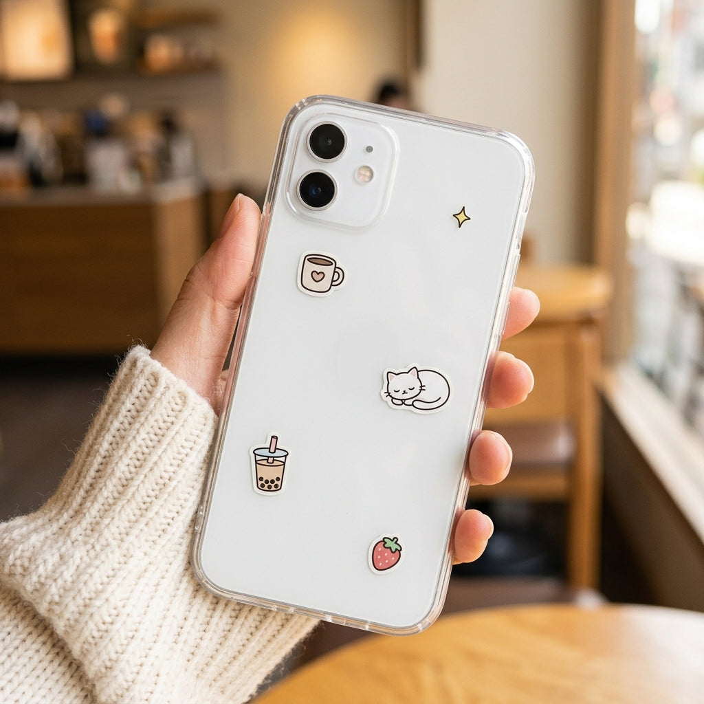 Cozy kawaii stickers under a clear phone case - aesthetic phone deco