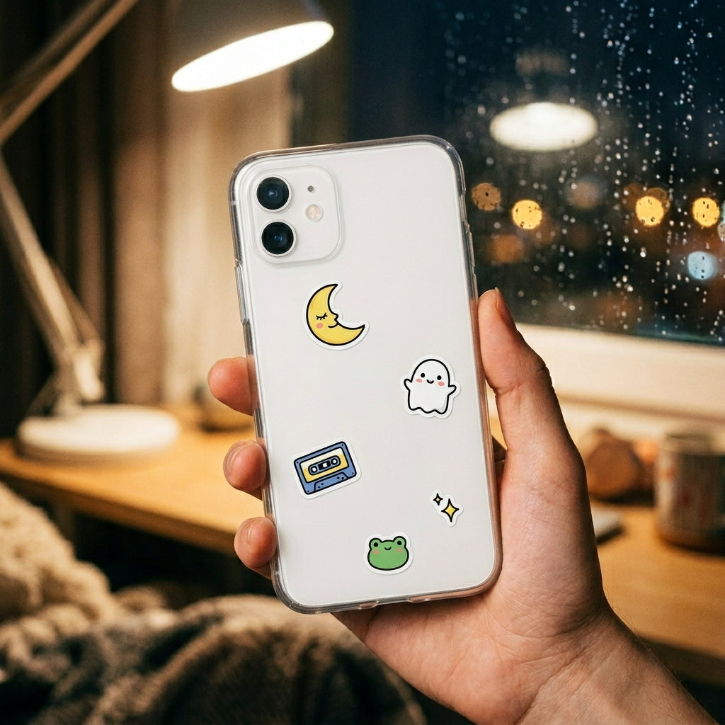 Lofi kawaii stickers under a clear phone case at night - aesthetic phone deco