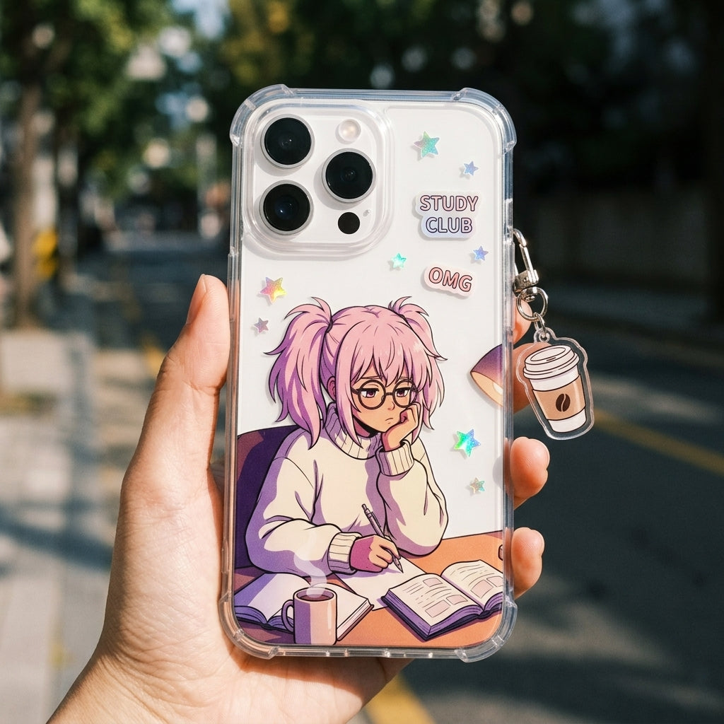 Study Grind bundle — Yumi clear case with stickers applied, in hand