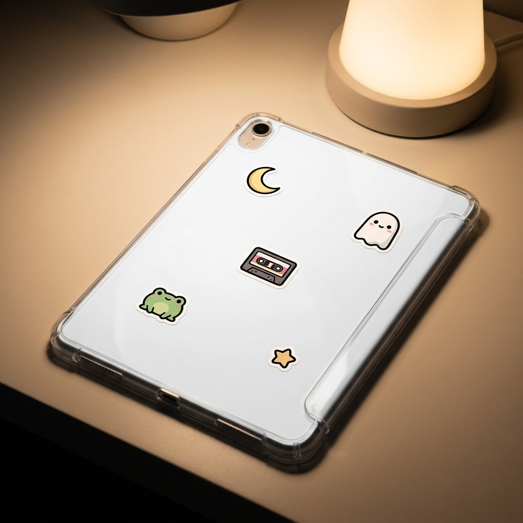 Lofi kawaii stickers decorating a clear iPad case at night