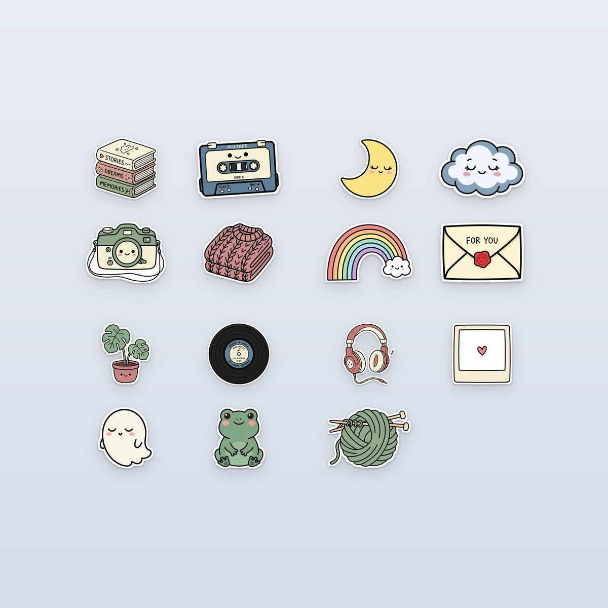 Lofi night kawaii sticker sheet - 15 cute moon ghost frog cassette stickers
