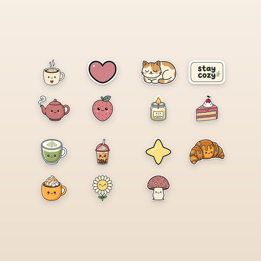 Cozy kawaii sticker sheet - 15 cute coffee cat boba aesthetic stickers