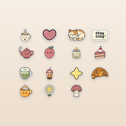 Cozy kawaii sticker sheet - 15 cute coffee cat boba aesthetic stickers
