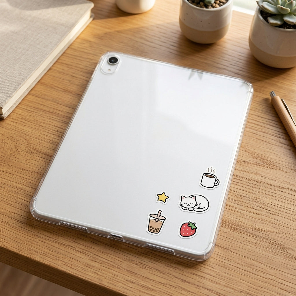 Cozy kawaii stickers decorating a clear iPad case