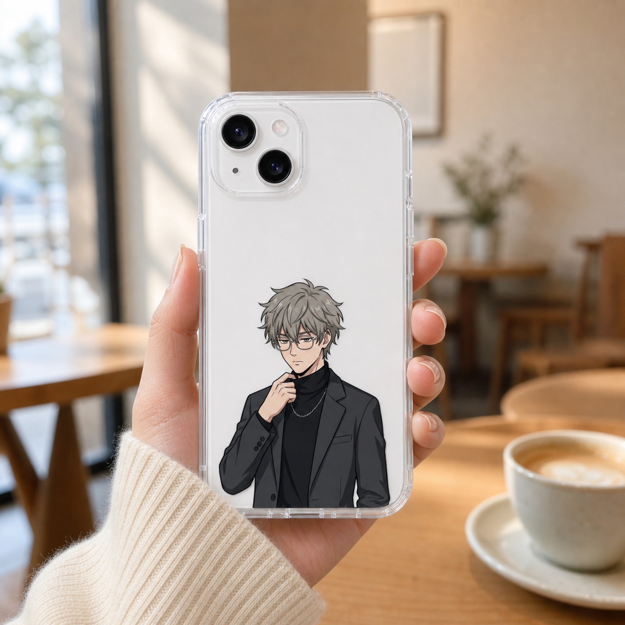 Kazu Dark Academia clear case held in hand, white phone, cozy cafe