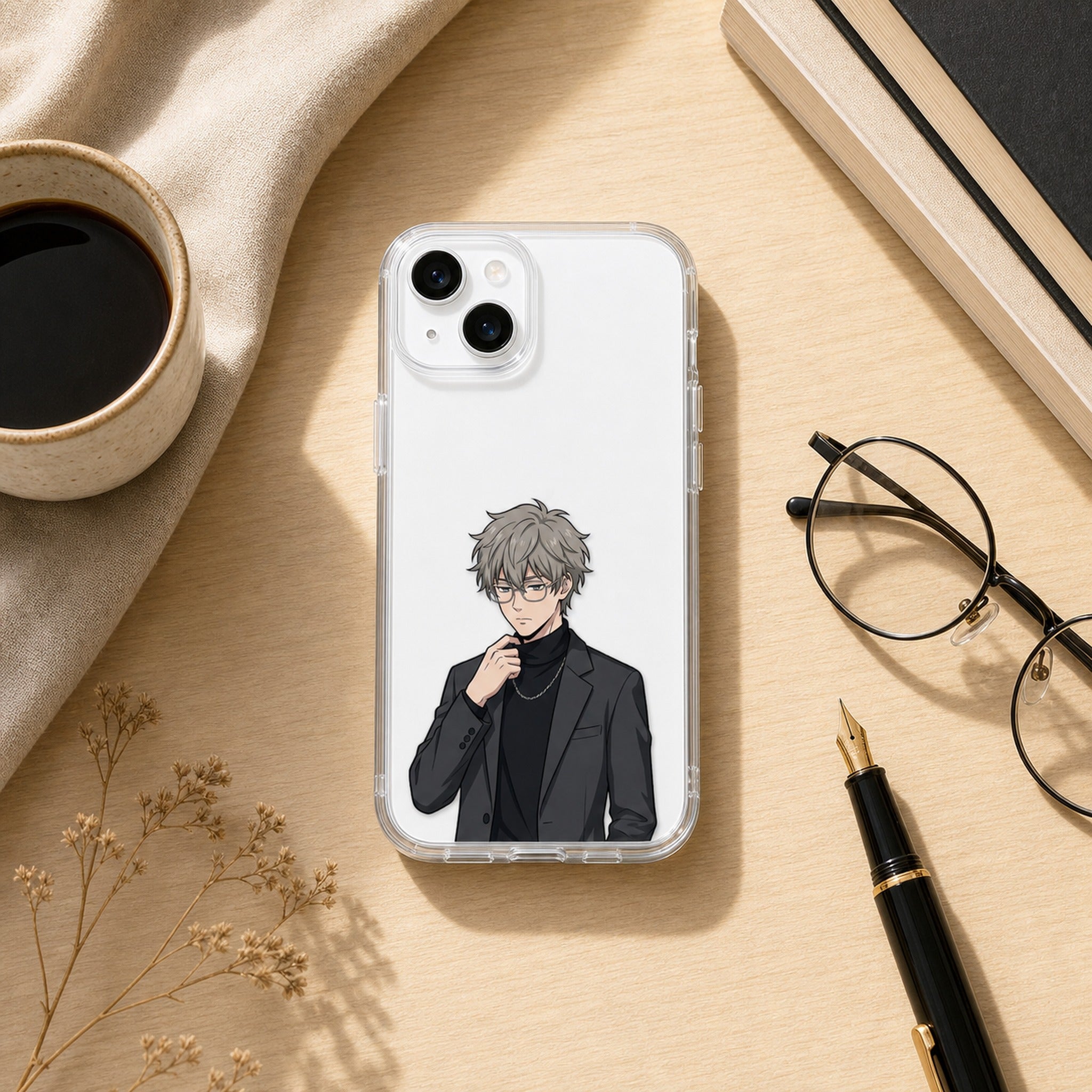 Kazu Dark Academia clear case flat-lay on desk, white phone