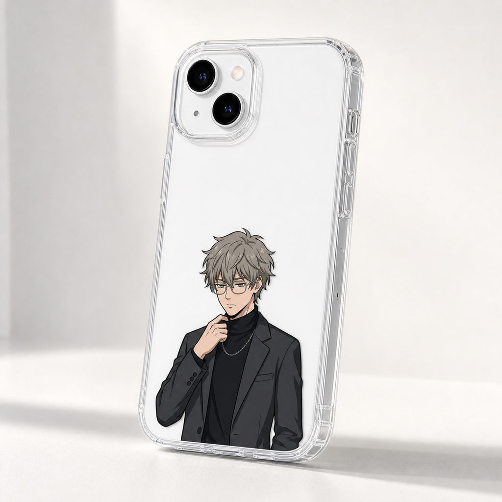Kazu Dark Academia clear case three-quarter detail, white phone