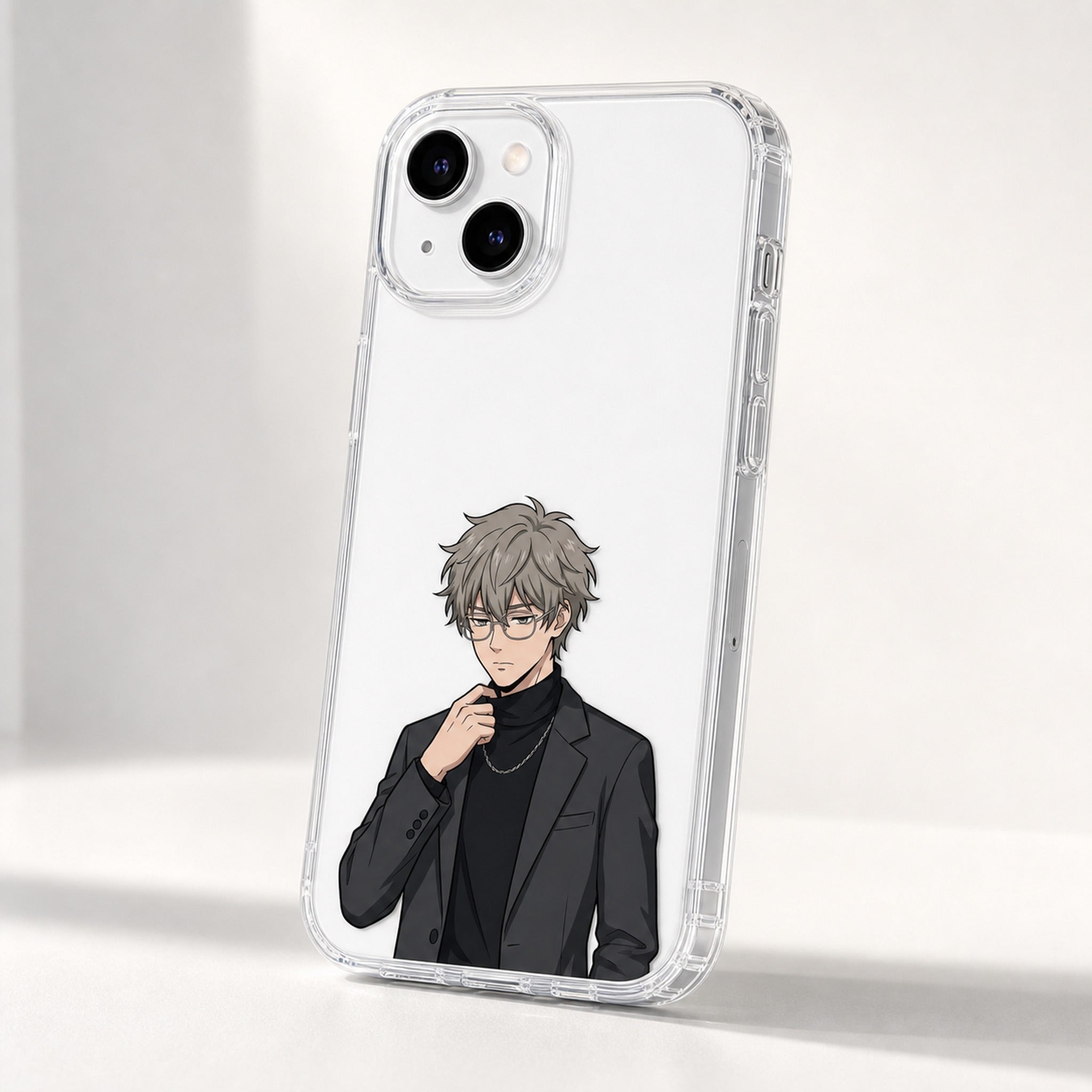 Kazu Dark Academia clear case three-quarter detail, white phone