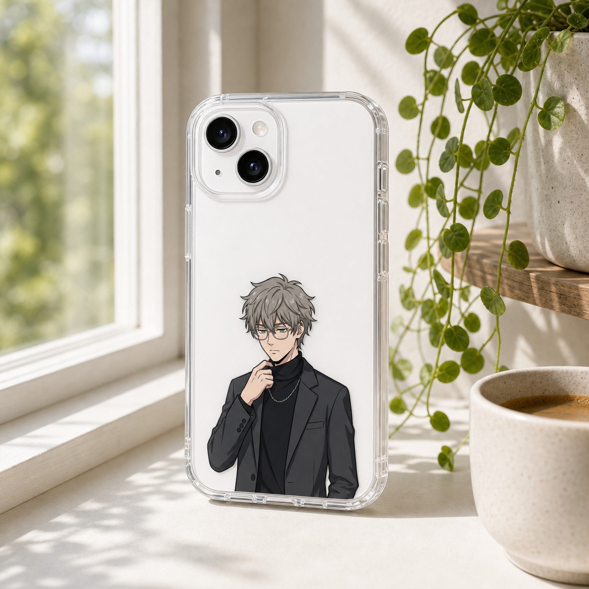 Kazu Dark Academia clear case on windowsill, white phone, plant and coffee