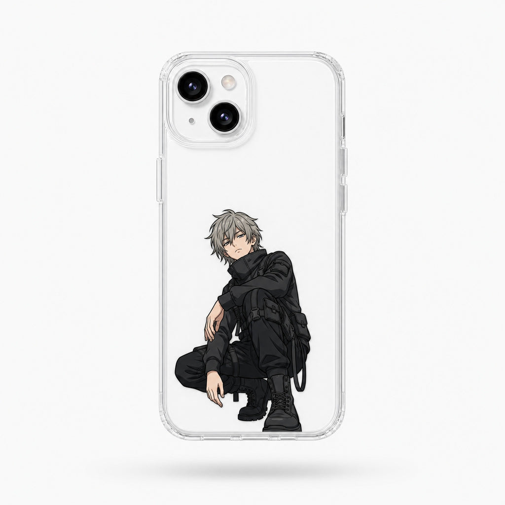 Kazu techwear clear anime iPhone case on a white phone — studio hero