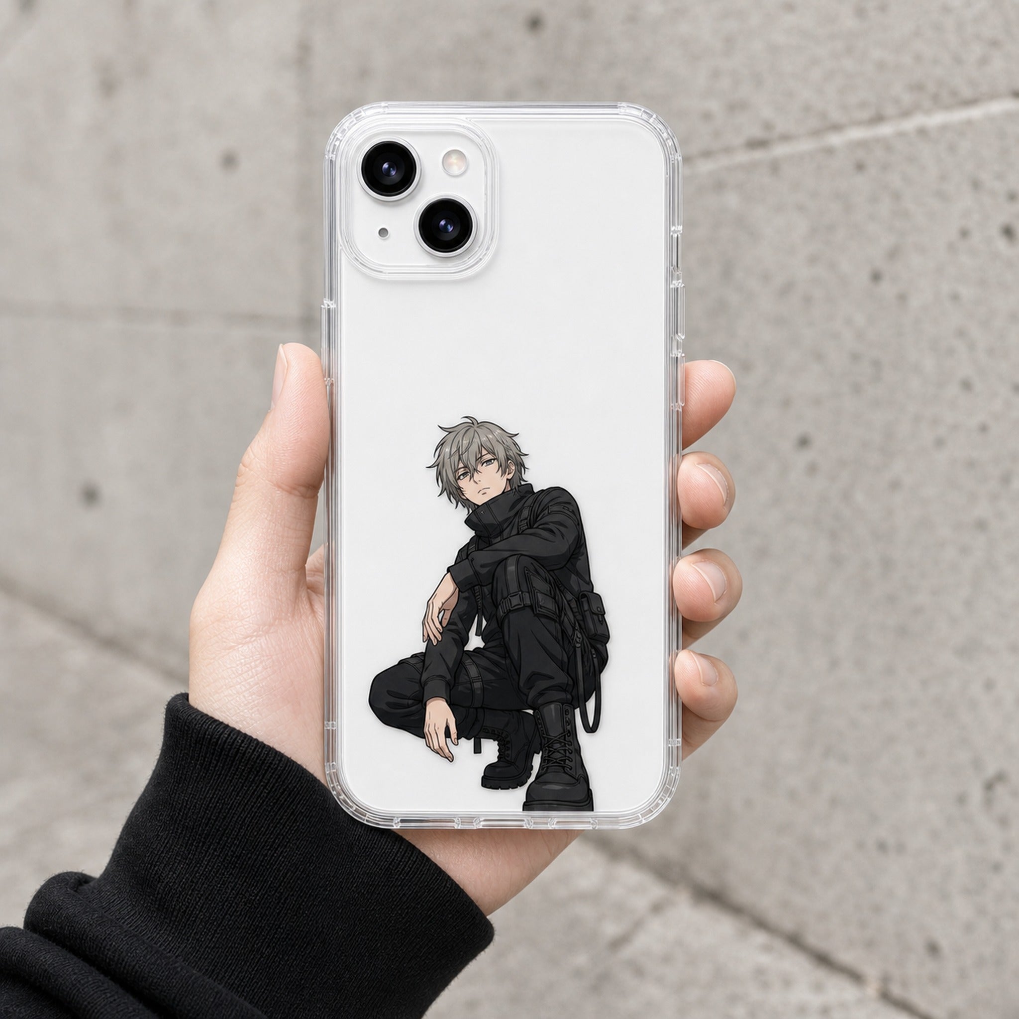 Kazu techwear clear case held in hand, white phone, street
