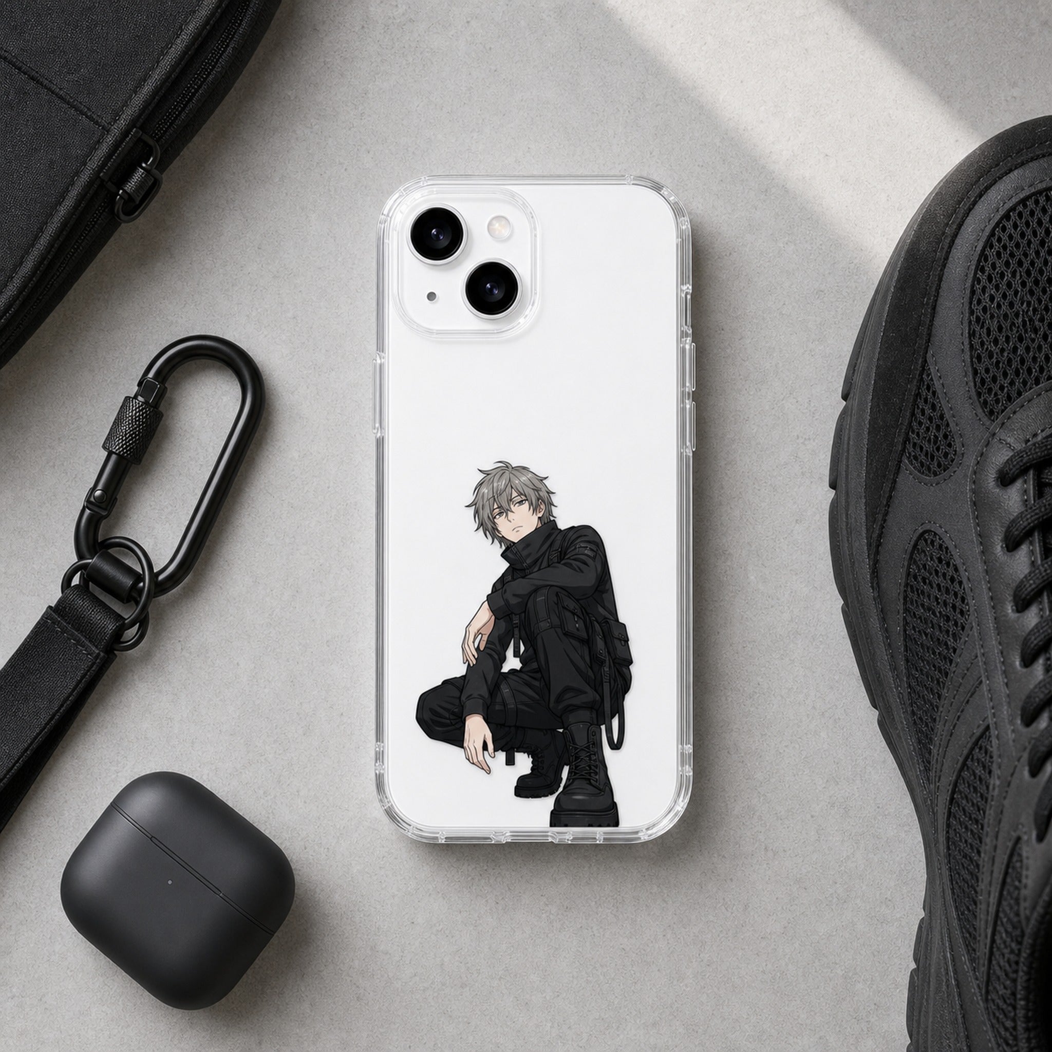 Kazu techwear clear case flat-lay with streetwear props, white phone