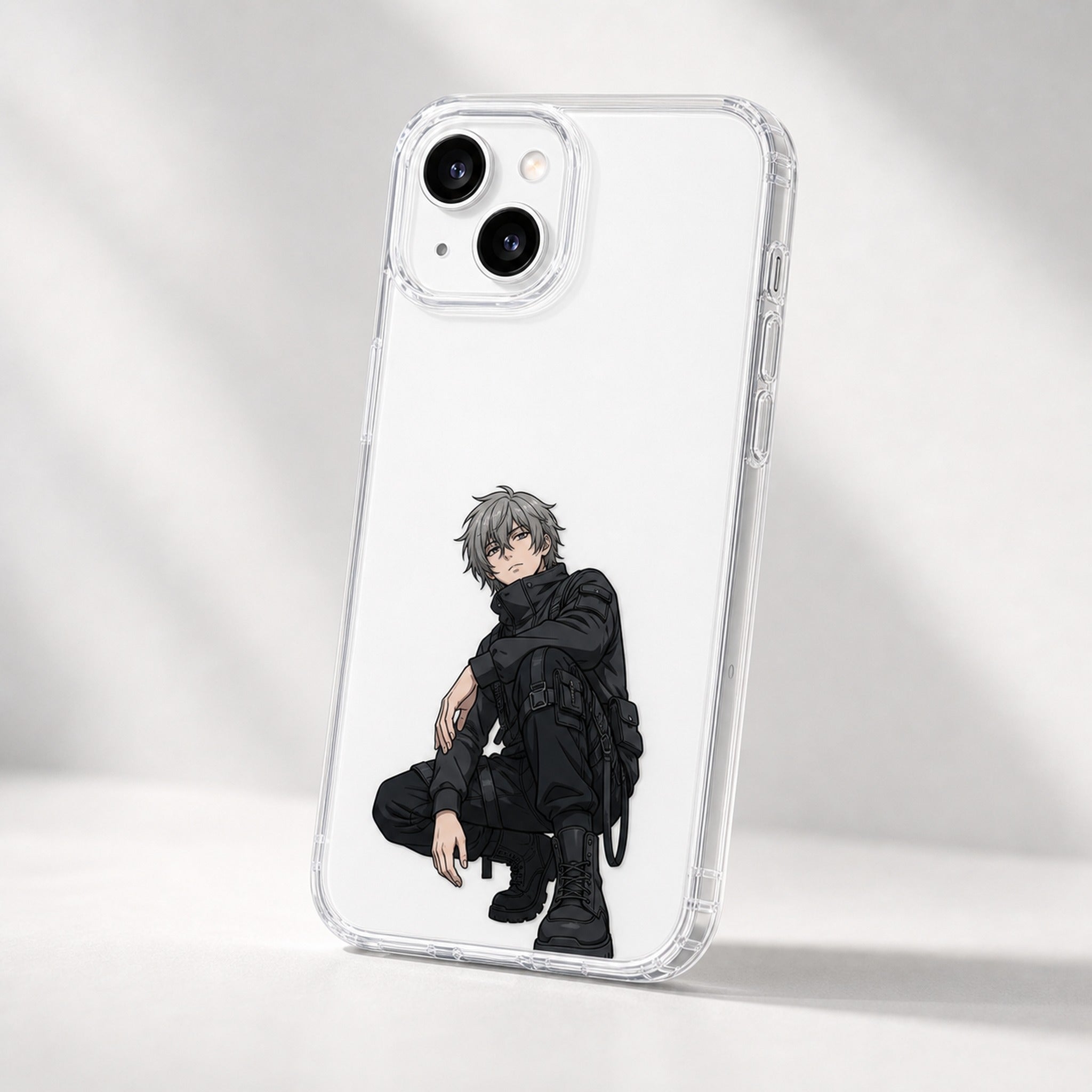 Kazu techwear clear case three-quarter detail, white phone