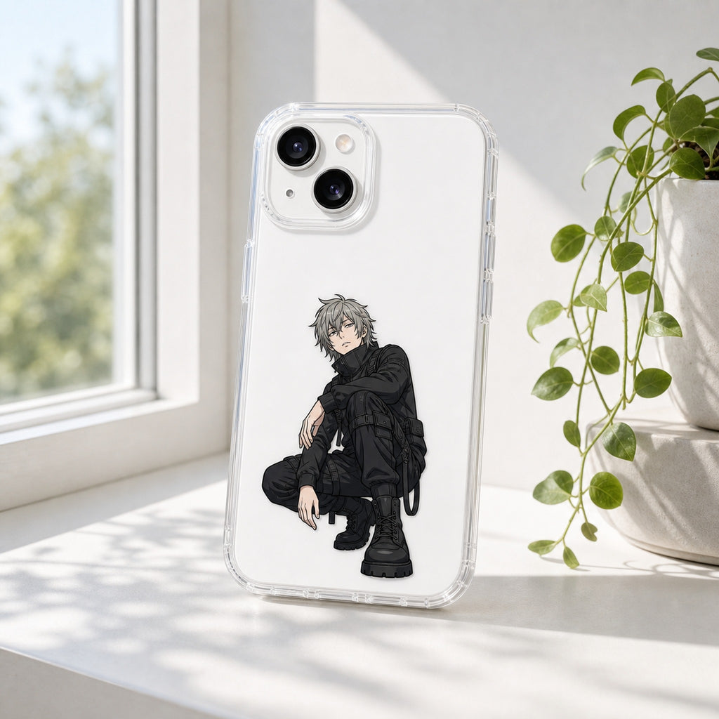 Kazu techwear clear case on bright windowsill with plant, white phone