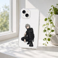 Kazu techwear clear case on bright windowsill with plant, white phone