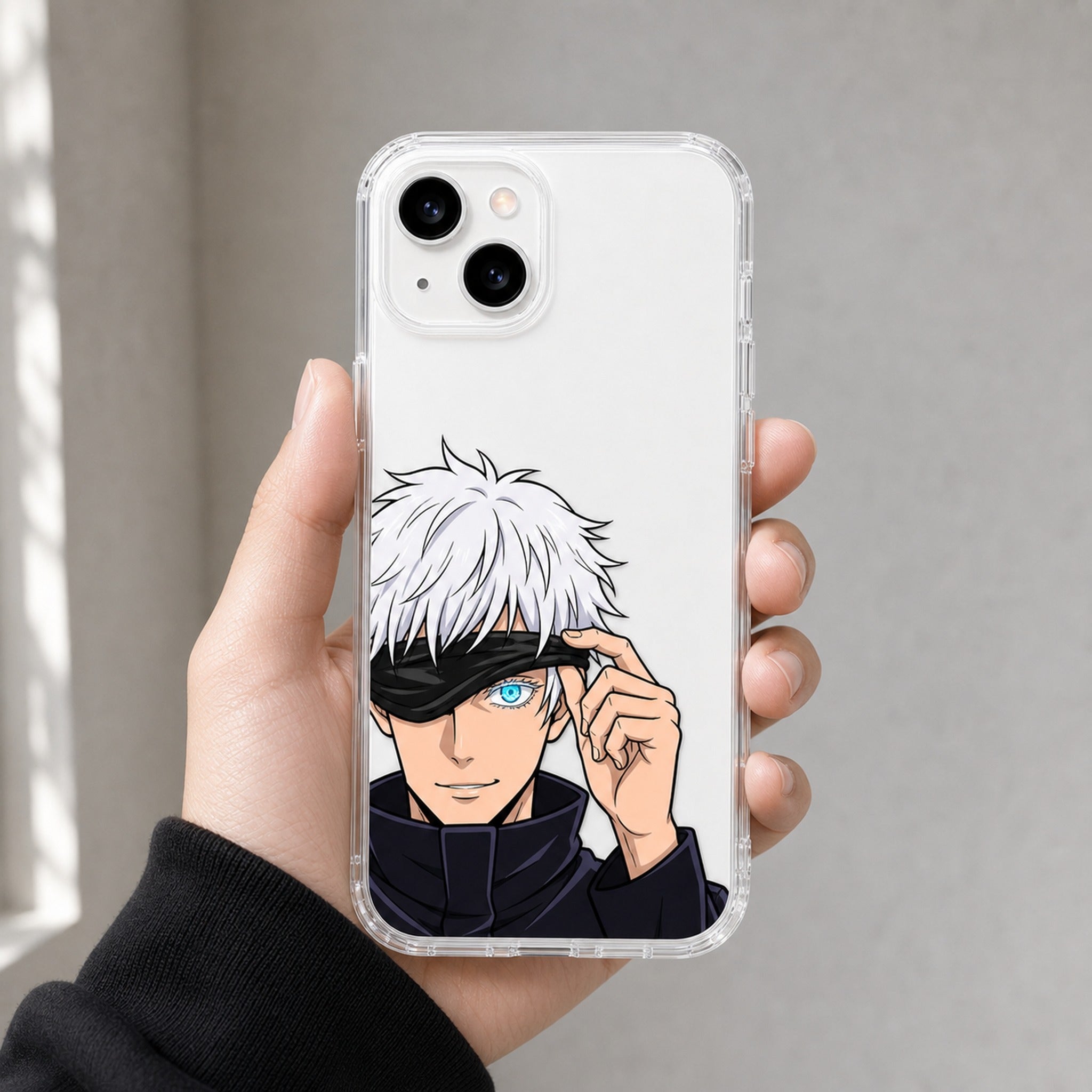 Six Eyes Reveal clear case held in hand, white phone