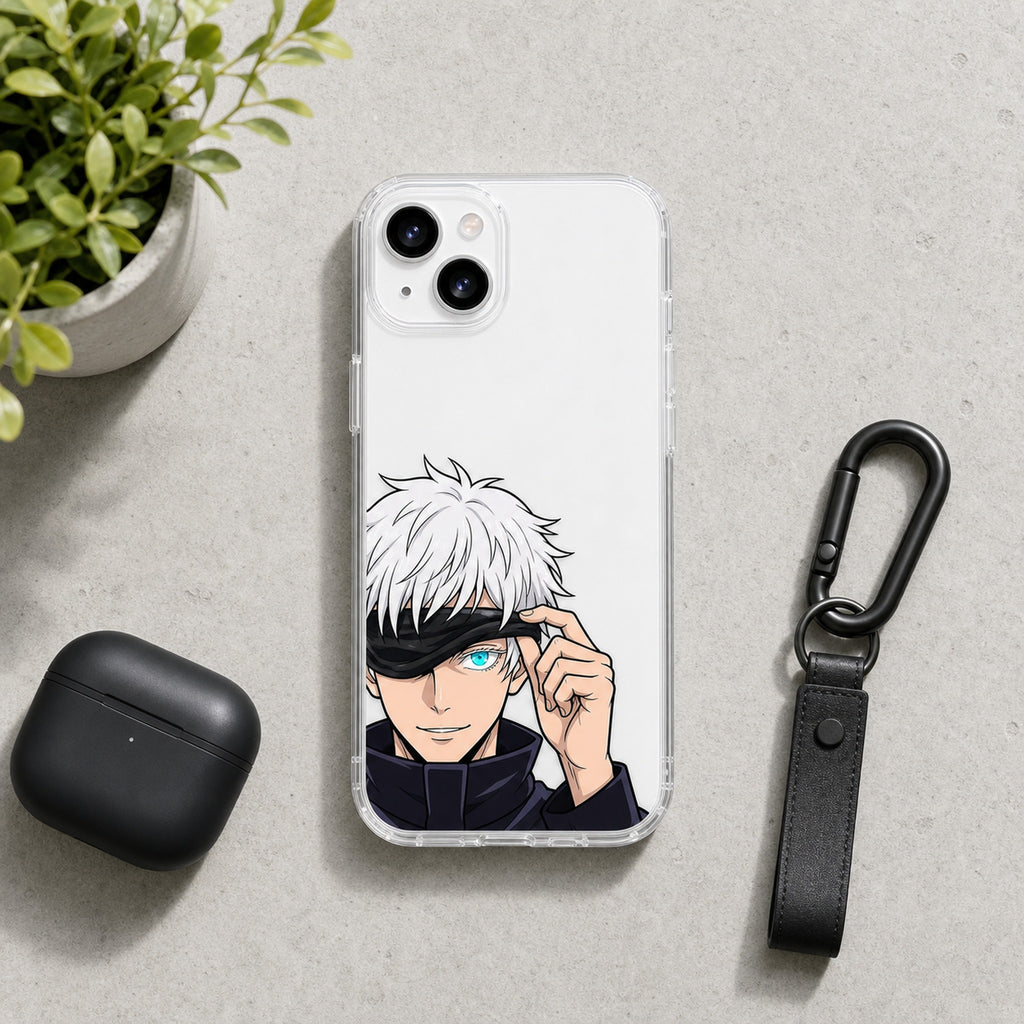 Six Eyes Reveal clear case flat-lay, white phone