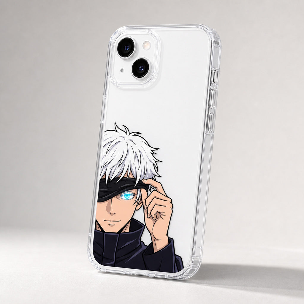 Six Eyes Reveal clear case three-quarter detail, white phone