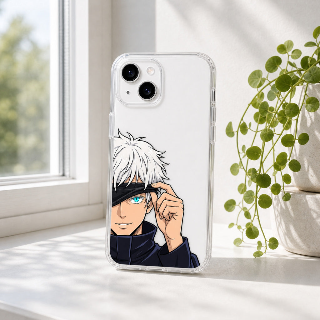 Six Eyes Reveal clear case on bright windowsill with plant, white phone