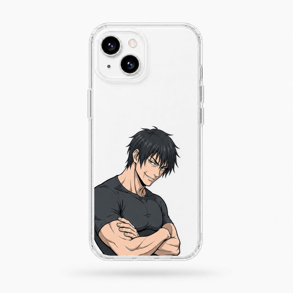Sorcerer Killer arms-crossed clear anime iPhone case on a white phone — studio hero