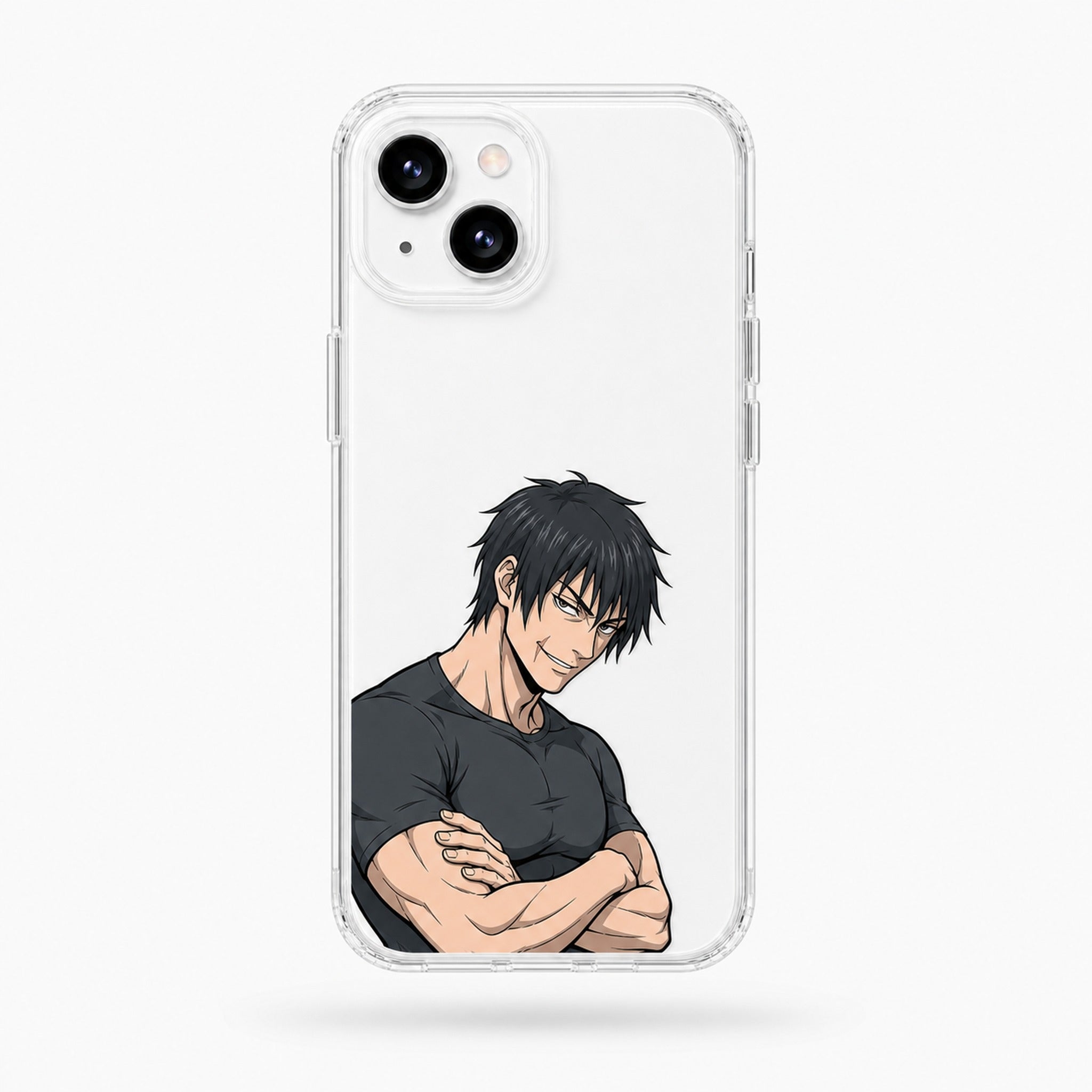 Sorcerer Killer arms-crossed clear anime iPhone case on a white phone — studio hero