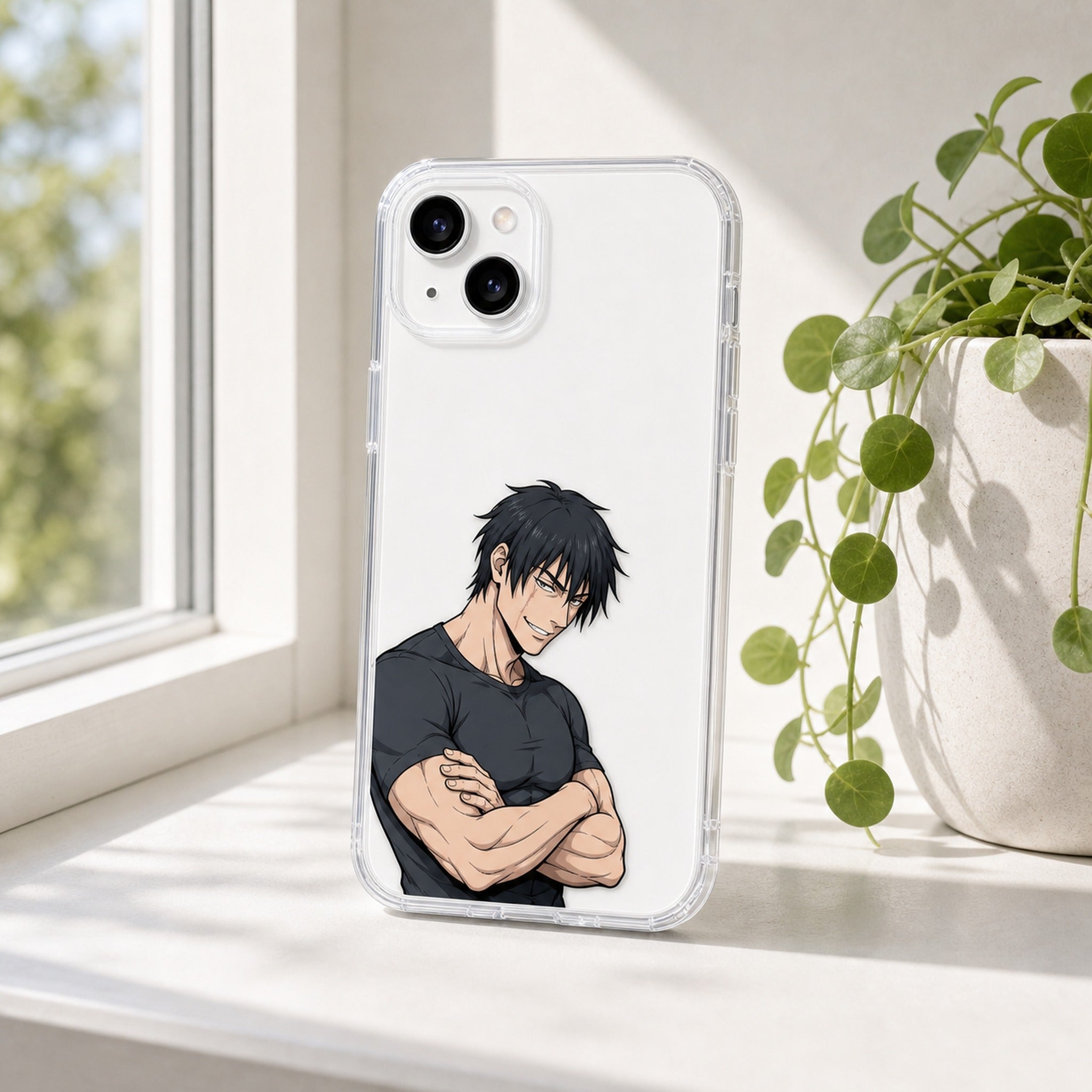 Sorcerer Killer clear case on windowsill, white phone