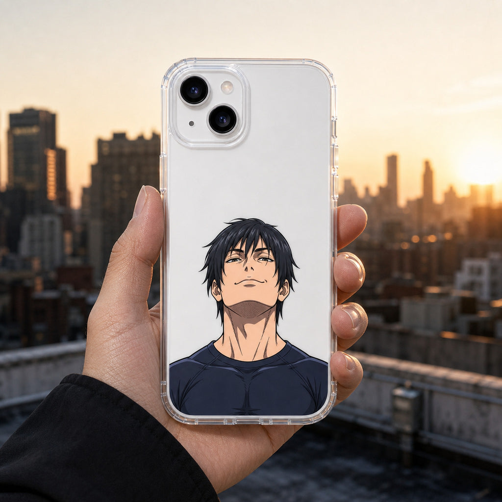 Sorcerer Killer chin-up clear case in hand, rooftop golden hour, white phone
