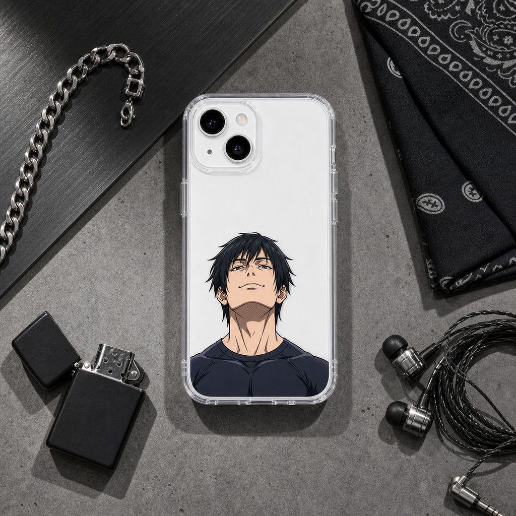 Sorcerer Killer chin-up clear case flat-lay with EDC, white phone