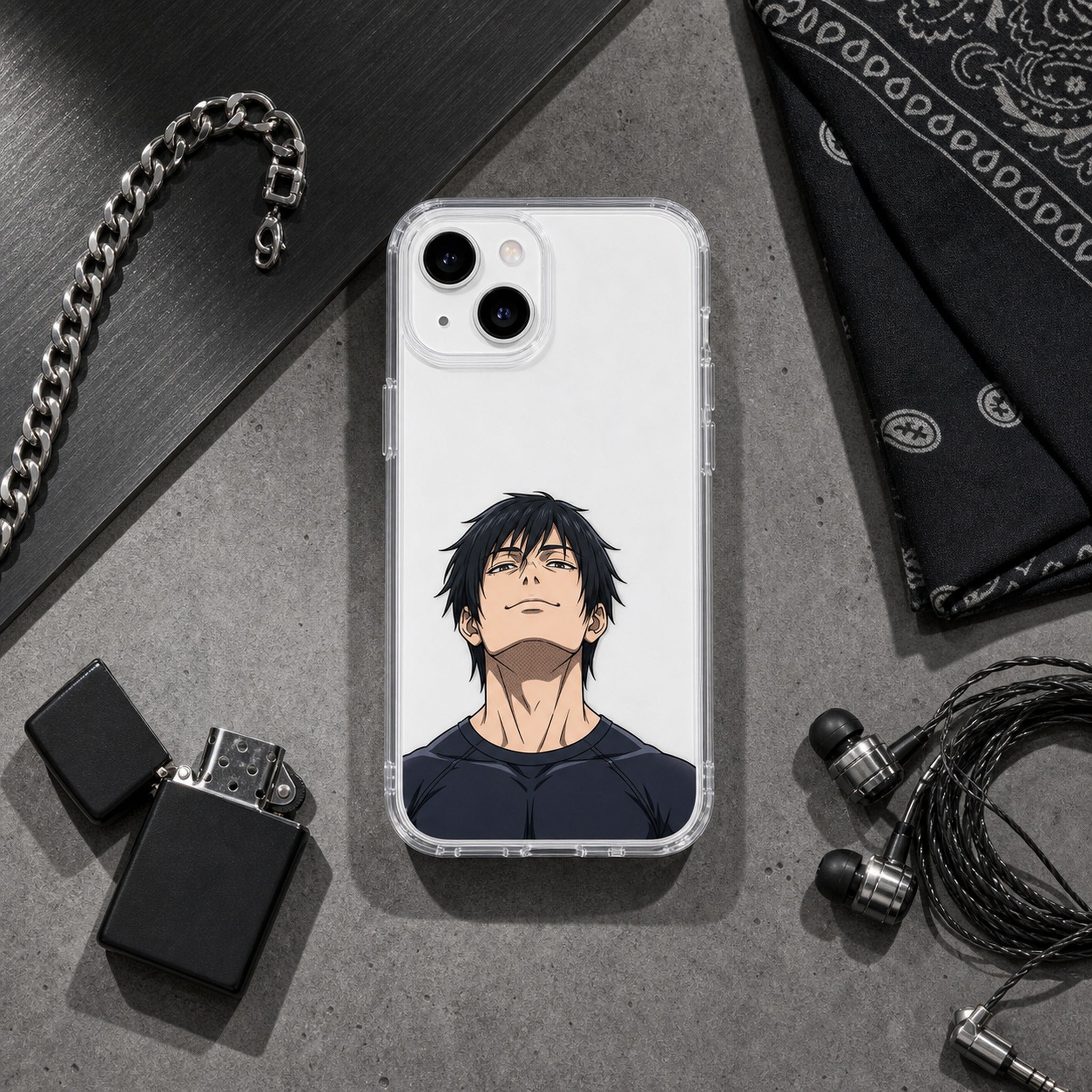 Sorcerer Killer chin-up clear case flat-lay with EDC, white phone