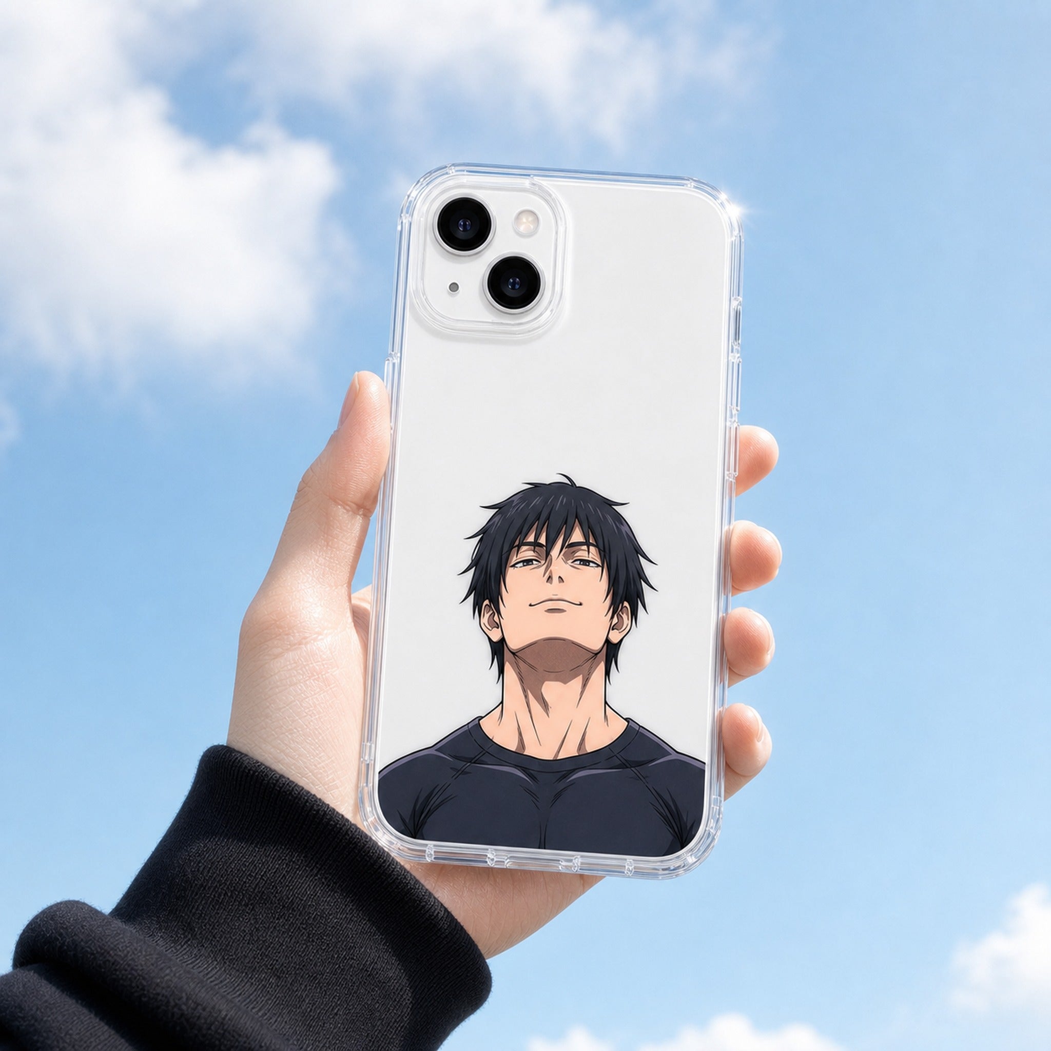 Sorcerer Killer chin-up clear case held to sky, white phone