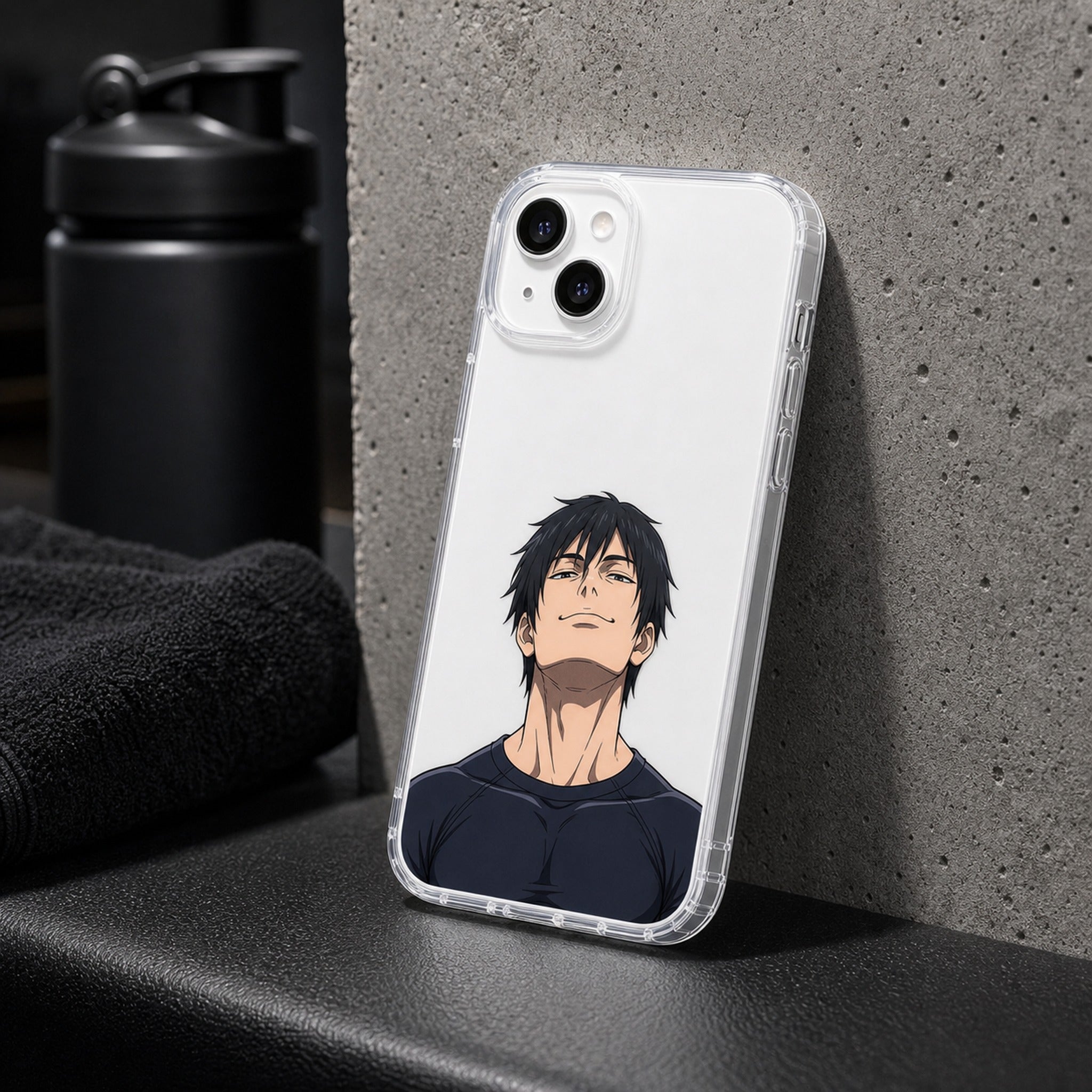 Sorcerer Killer chin-up clear case on gym bench, white phone