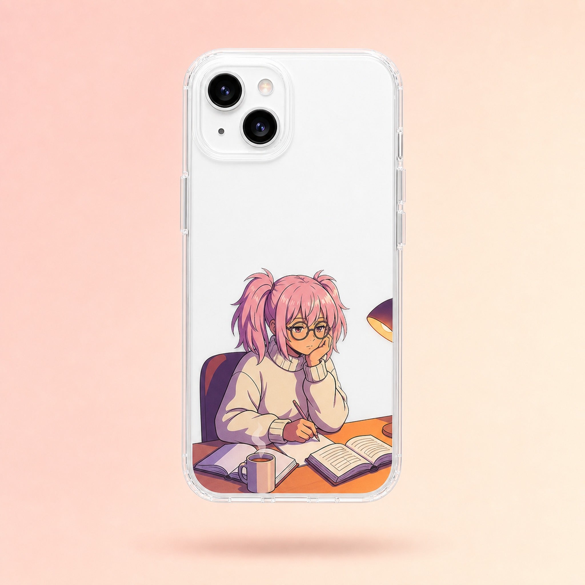 Yumi study-girl clear anime iPhone case on a white phone — cozy hero