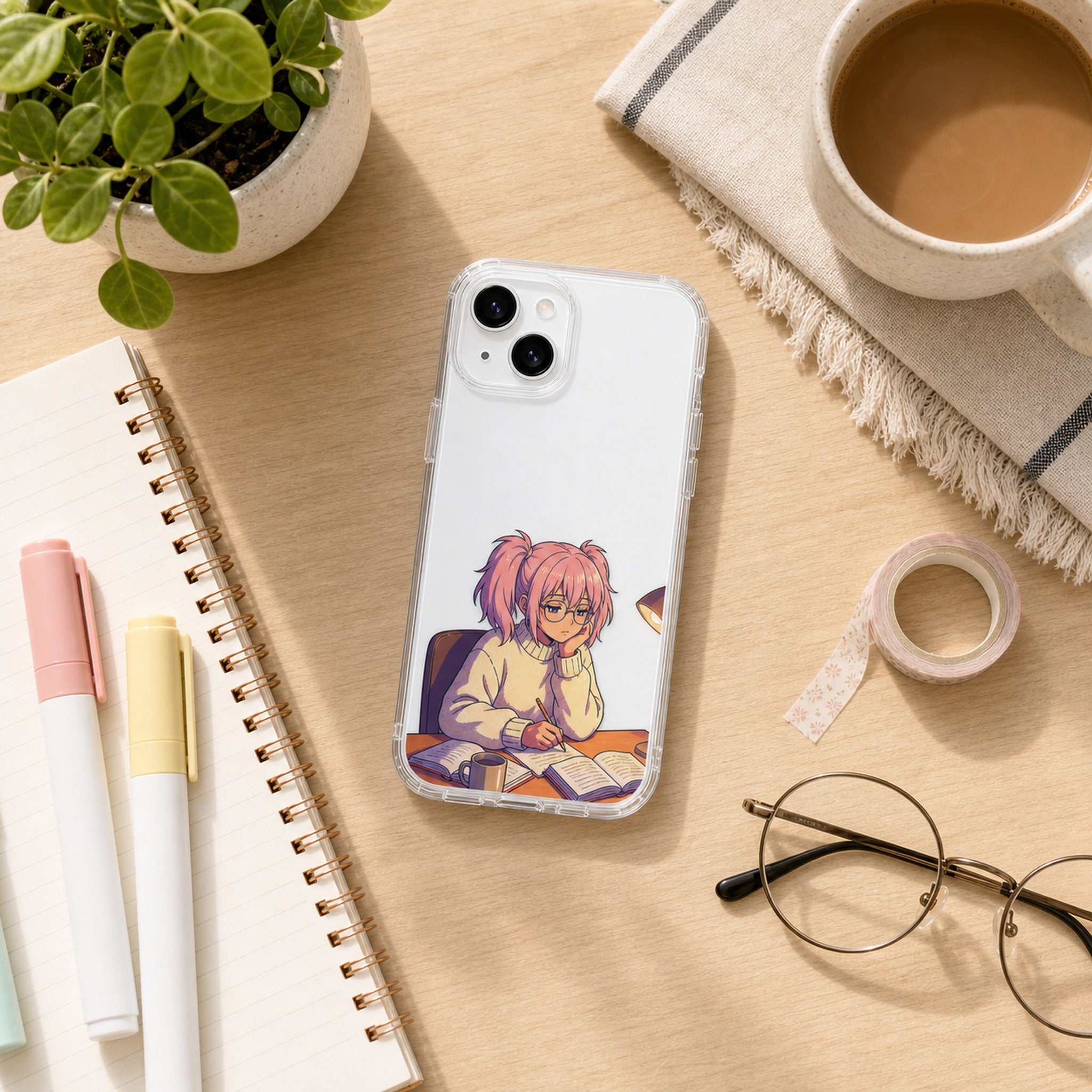 Study Grind bundle — Yumi clear case flat-lay, study desk