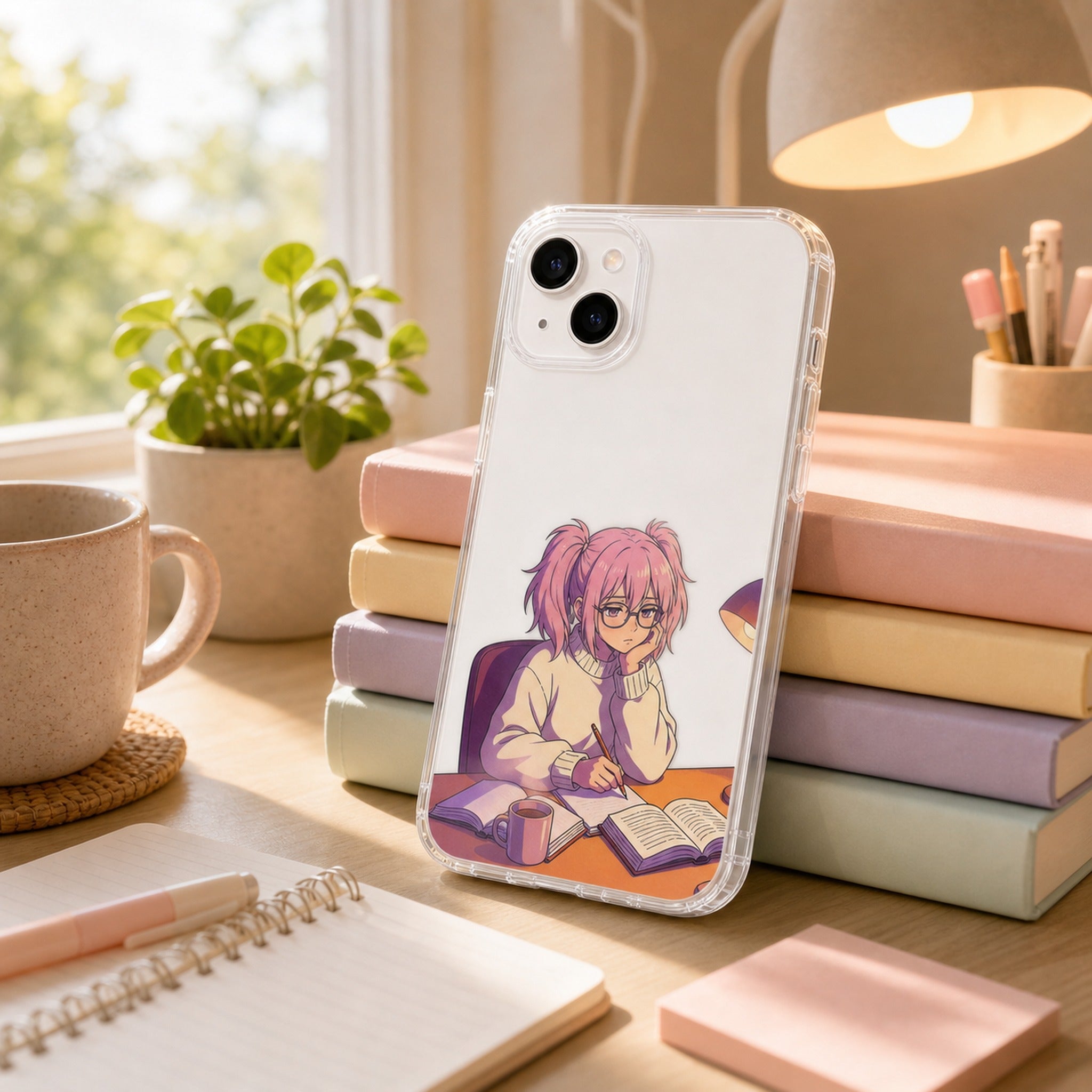 Yumi clear case on sunny study book nook, white phone